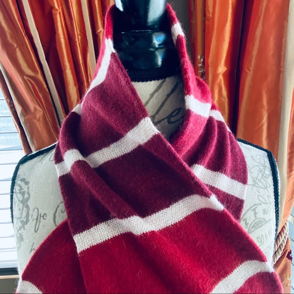Merona Fuzzy Rabbit Hair Blend Burgundy White Red Stripe Knit Scarf 58" Length - Picture 4 of 16